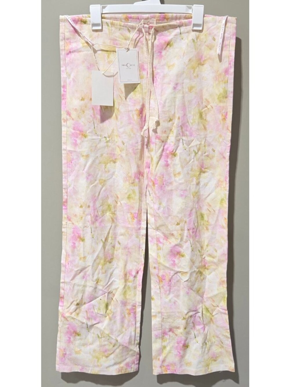 Miss Circle Pink Floral Linen Blend High Rise Drawstring Pants -- Sz Small READ - Picture 1 of 10